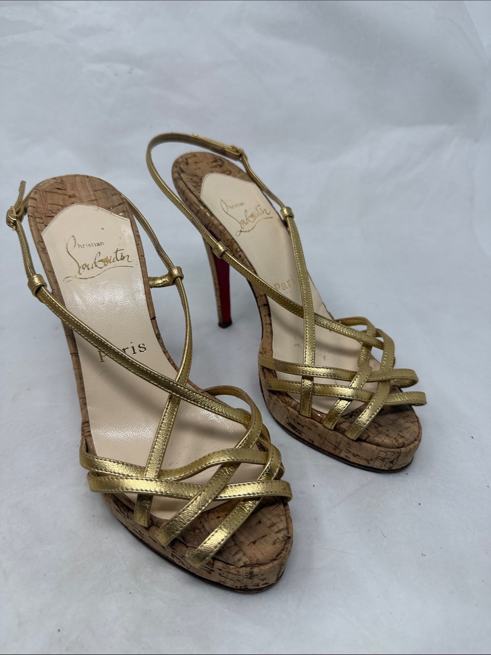 Christian Louboutin Metallic Gold Strappy Cork Platform Heels